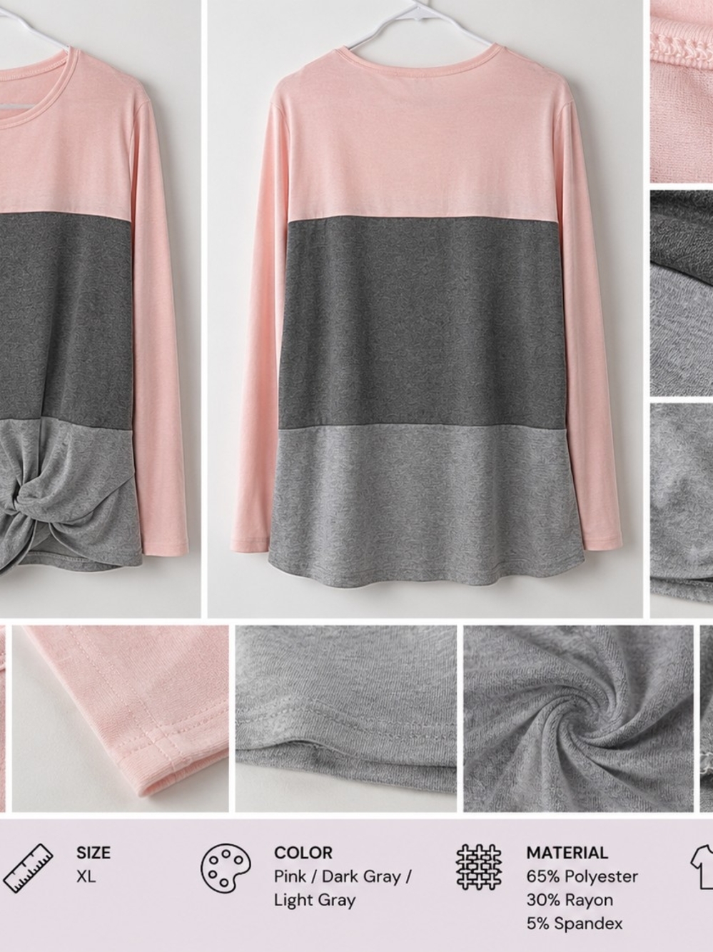 Women's XL Pink Gray Color Block Twist Front Long Sleeve Top Casual Blouse No Br